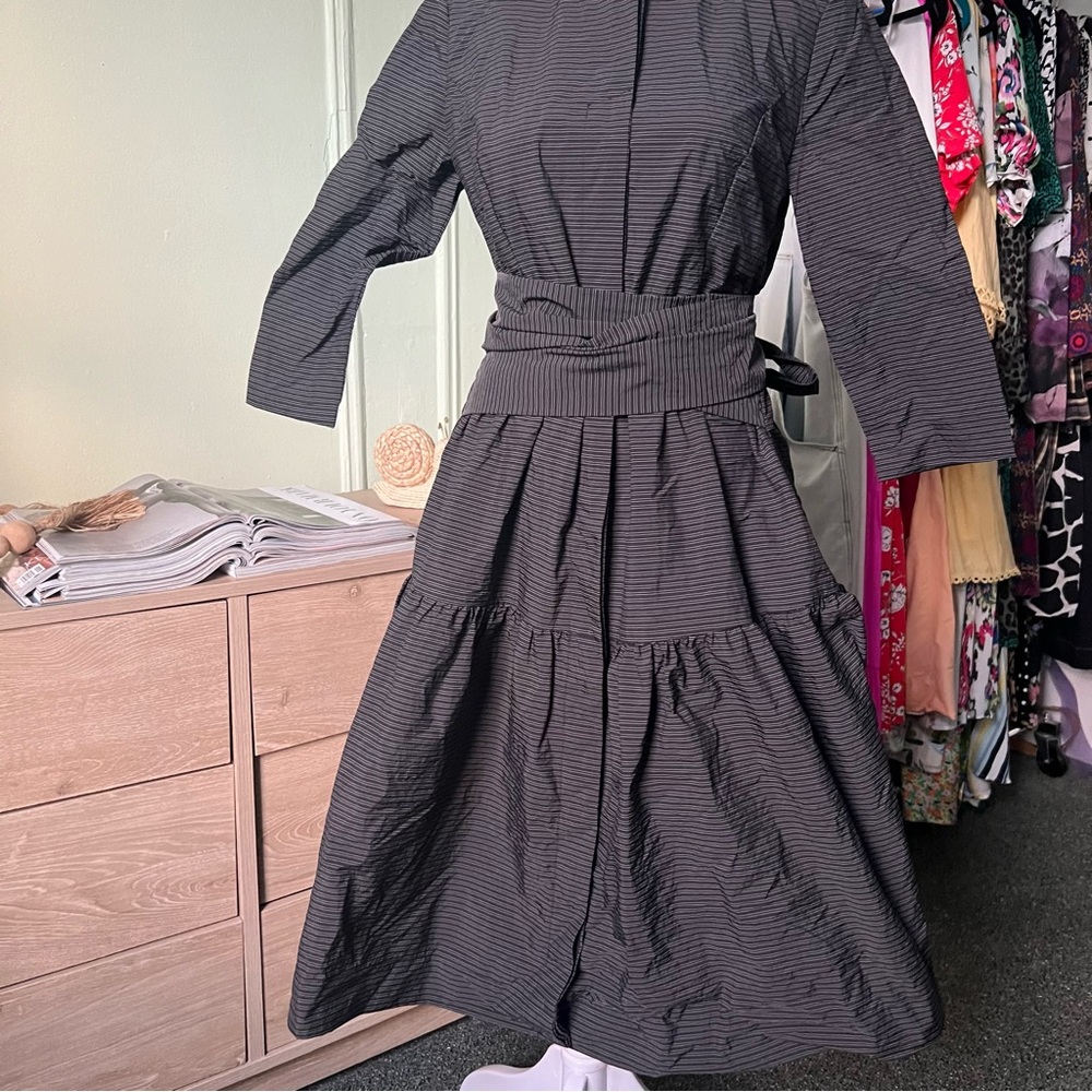 Black & White Stripe Button Down Structured Wrap Cinched Tiered Modest Dress S